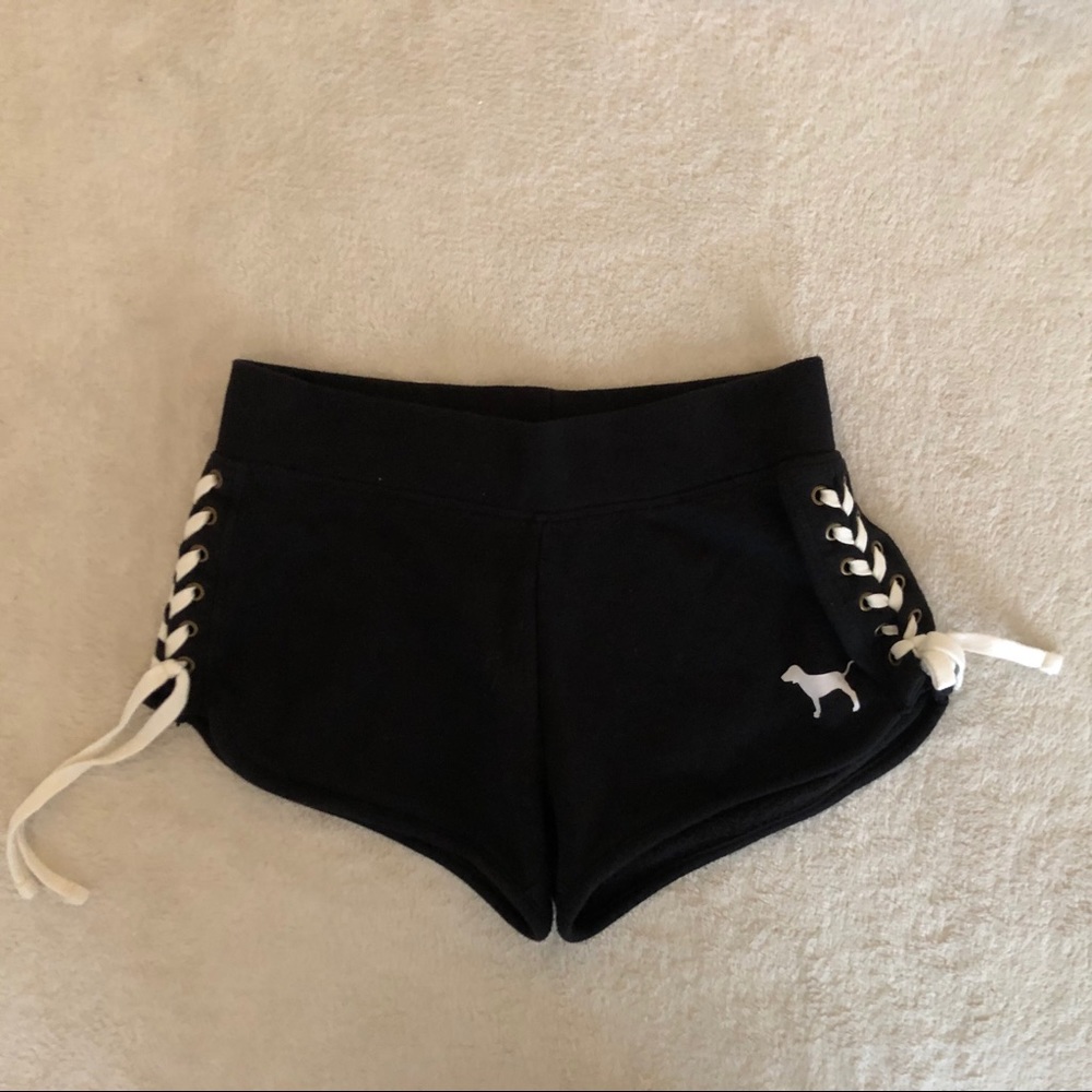 PINK Black Cotton Shorts with White Tie Detail